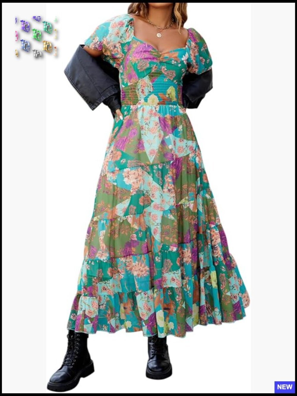 Floral Maxi Dress Smocked Bodice Puff Sleeves Bohemian Flowy Casual Summer - Picture 1 of 7